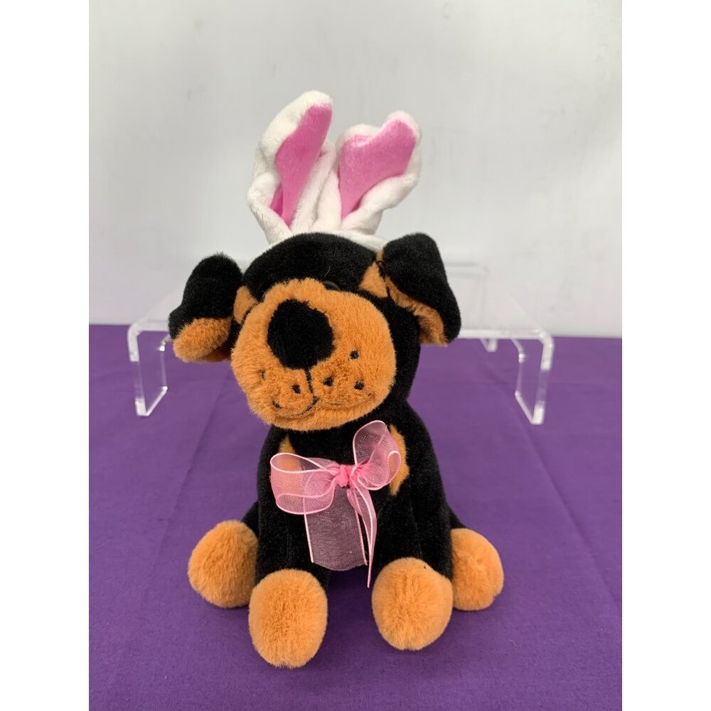 Dan Dee Rottweiler Puppy Dog Pink Rabbit Ears Small Plush Animal Pink Bow Brown